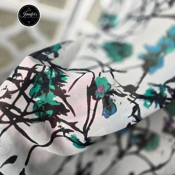 3/$30 LOFT Gray Semi-Sheer Abstract Floral Watercolor Tie Neck Blouse Size M - Picture 11 of 14